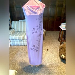 Floor-length pink formal gown; De-Laru by Sheila Yen